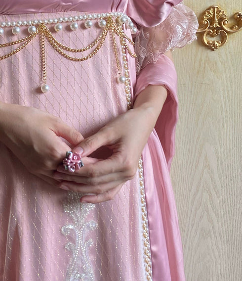 Pink Regency Era Dress with Lace Embroidery and Draped Sleeves – Bridgerton Inspired Lolita Dress Plus Size